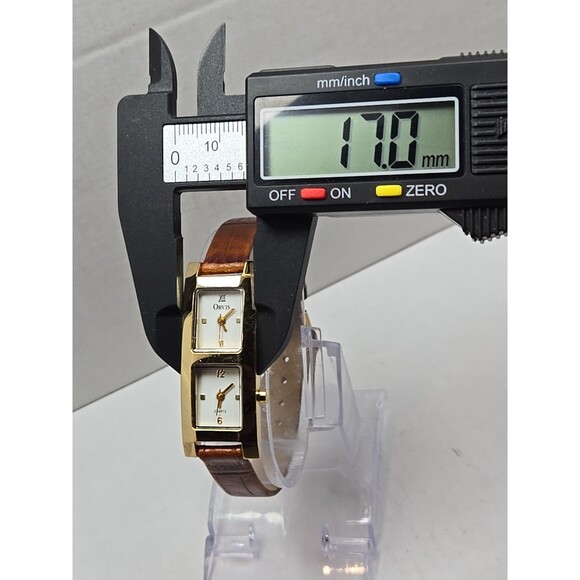 Womens Orvis Dual Time Tank Quartz Watch Gold Tone Brown Leather New Batteries - Picture 5 of 12